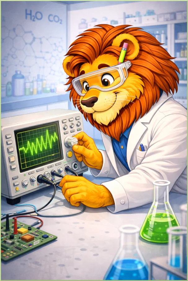 Le lion regarde un oscilloscope électronique